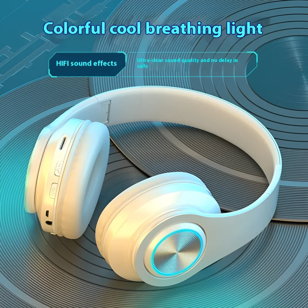 Wireless Bluetooth gaming headset in black, shown with LED breathing lights and a head-mounted design.