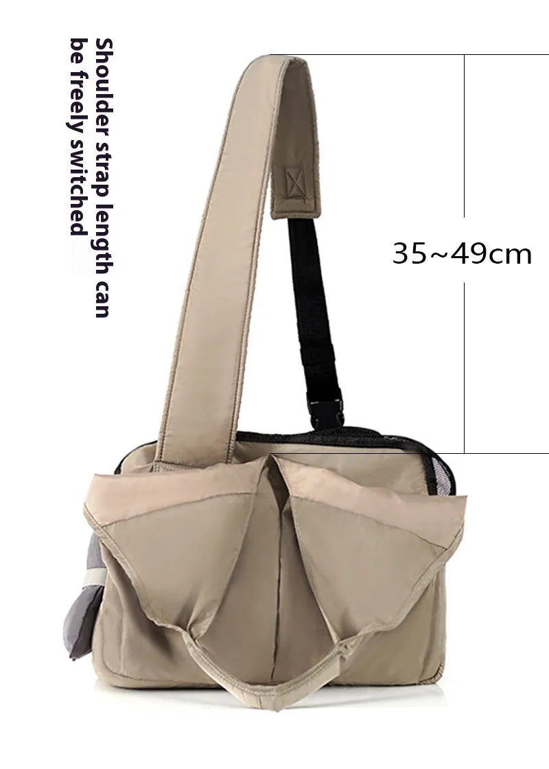 Apricot-coloured cloth pet carrier handbag for small dogs and cats showing medium size