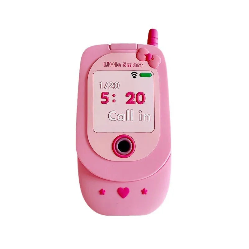 Light pink silicone flip phone case with built-in mirror for iPhone on a table