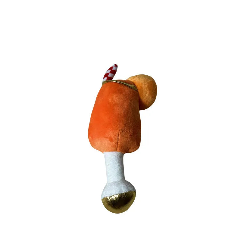 Yellow plush beer bottle cup squeaky dog chew toy on a white background.