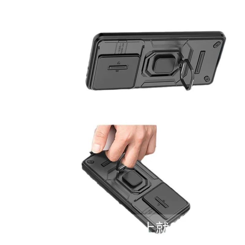 Redmi K70 Extreme Edition phone case with sliding window lens and magnetic bracket in cool black