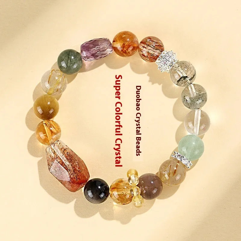 Handmade adjustable natural crystal beaded bracelet in black gold Duobao style