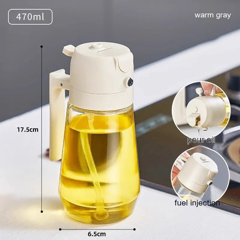 470ml glass oil sprayer and pour bottle in beige, black, green, and yellow colours with ergonomic handle