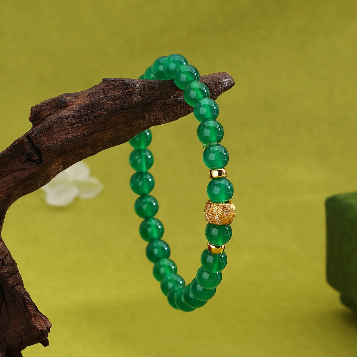Green agate and sterling silver retro bracelet with geometric 6mm stones