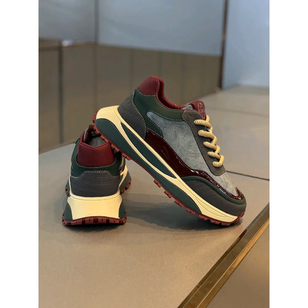 Men's thick sole retro lace-up casual shoes in synthetic leather, shown in beige red colour.