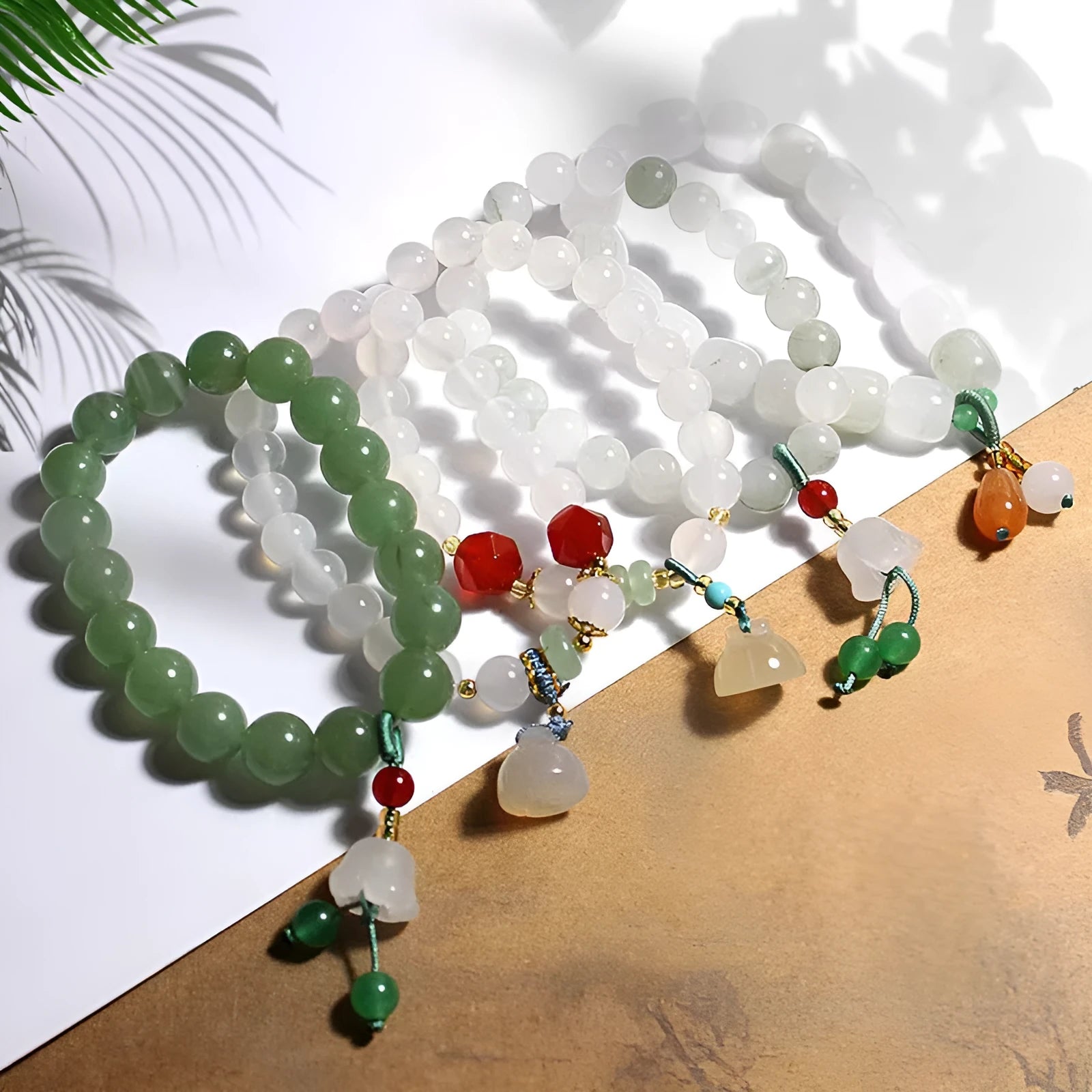 Hand-woven natural white agate and Tian Shan Cui Chinese-style geometric bracelet with lily elements