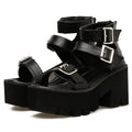 Black women's sandals with punk Harajuku style, chunky thick bottom heel, round toe, and back zipper