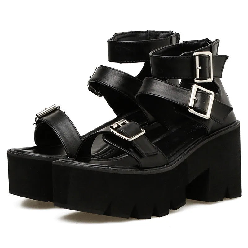Black women's sandals with punk Harajuku style, chunky thick bottom heel, round toe, and back zipper