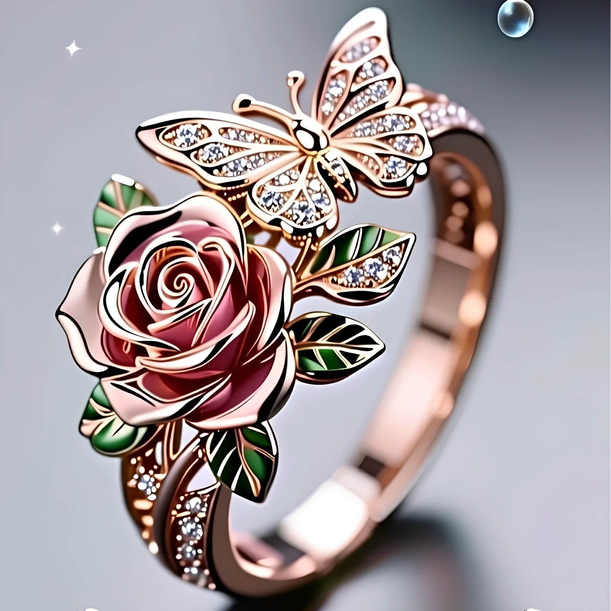 Adjustable fairy style ring with colourful oil drip butterfly and rose design on alloy metal