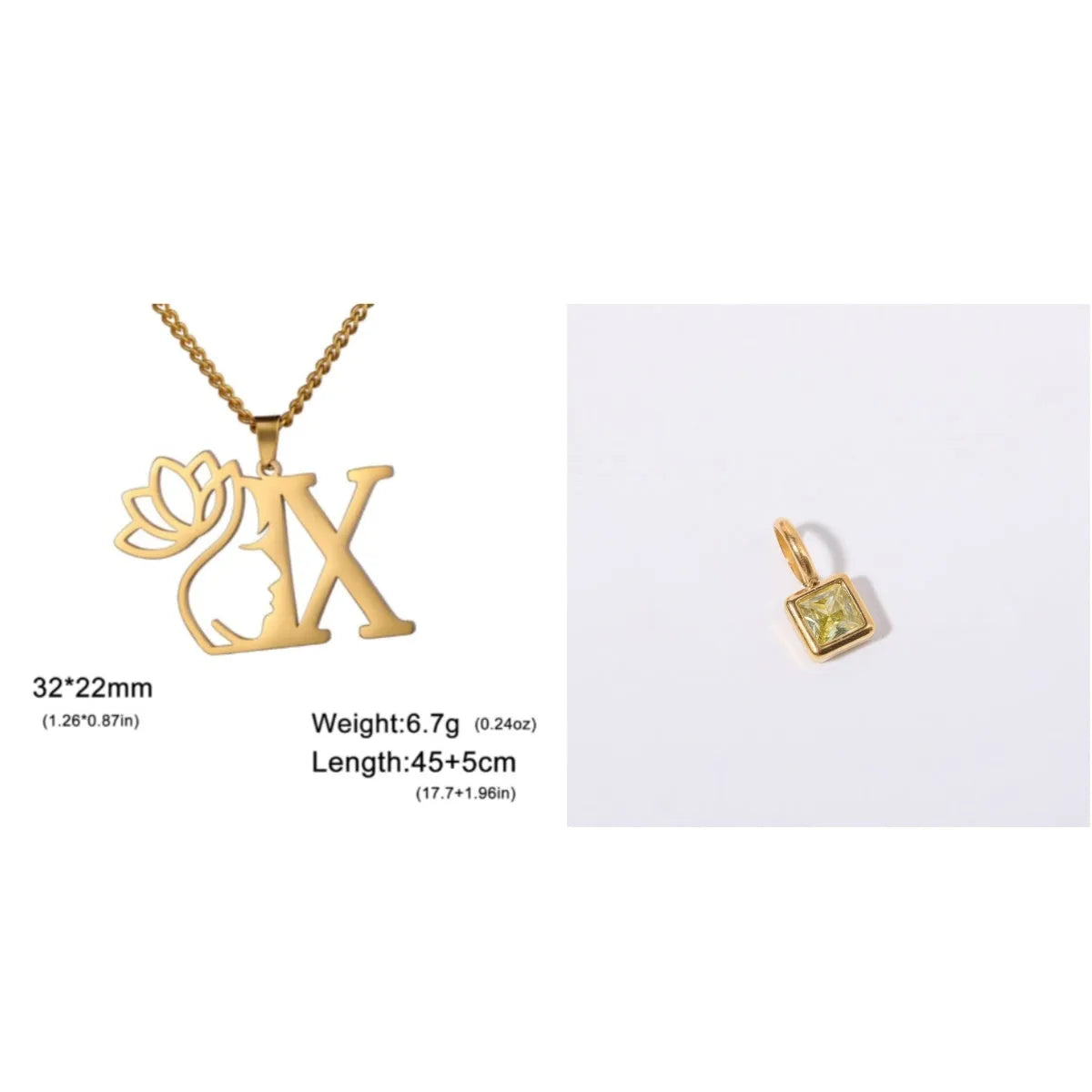Gold electroplated stainless steel necklace with a cross chain and a letter 'A' pendant on a white background.