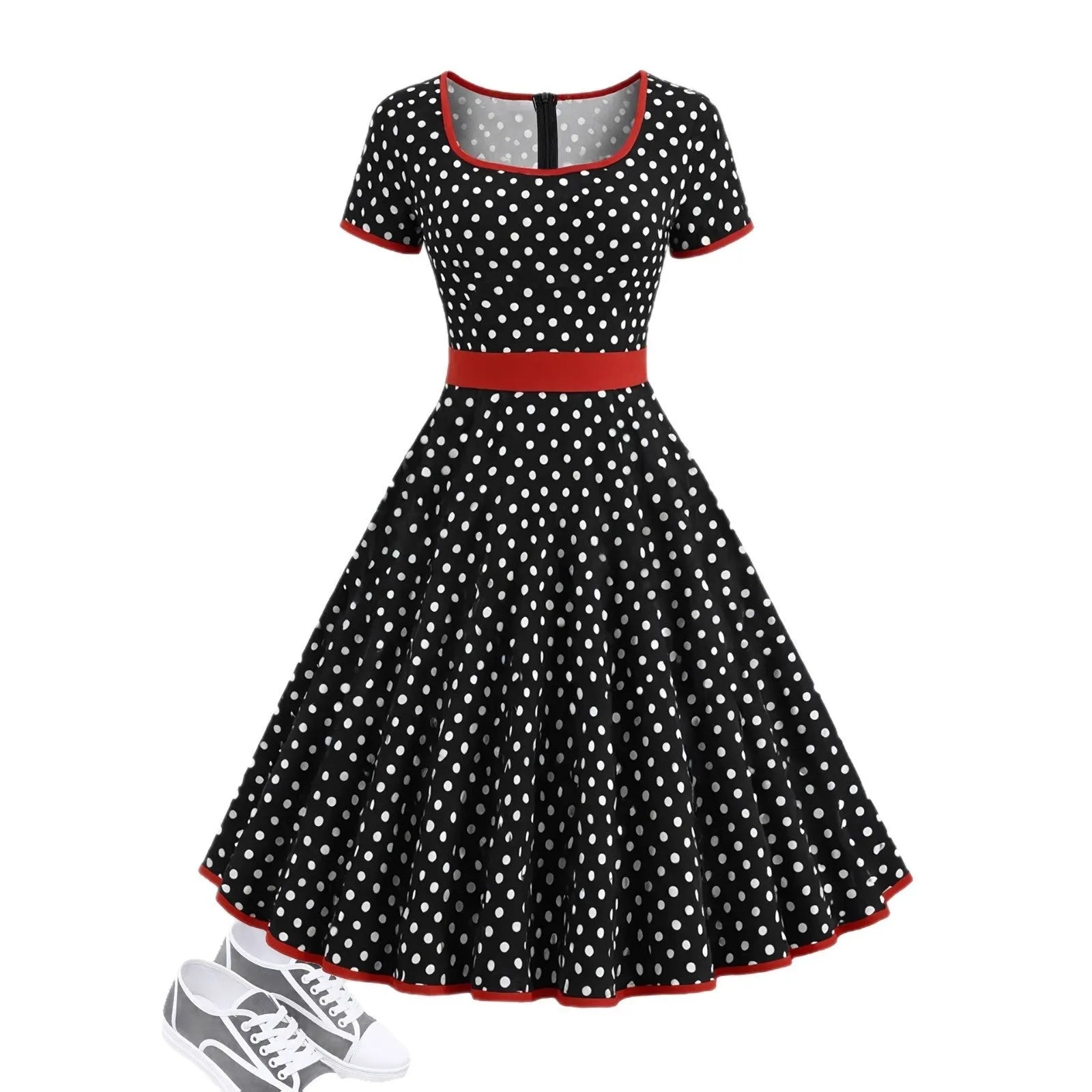 Women's multicolour polka dot dress with a square collar, short sleeves, and a pleated mid-length skirt.