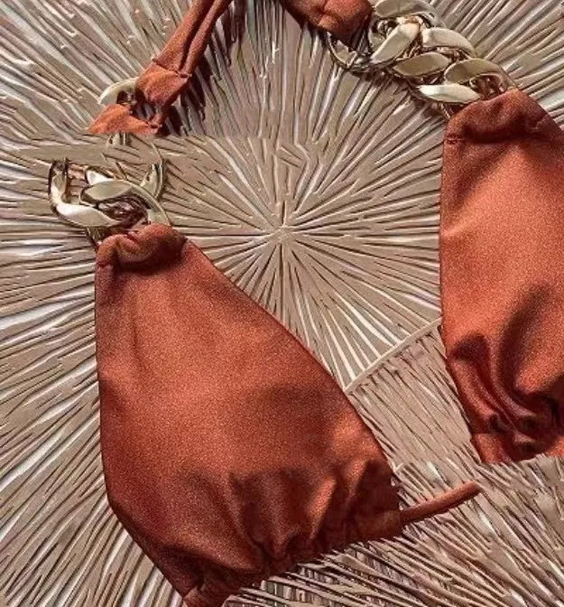 Brown women's tube-top push-up bikini with adjustable halter neck ring and split skirt design.