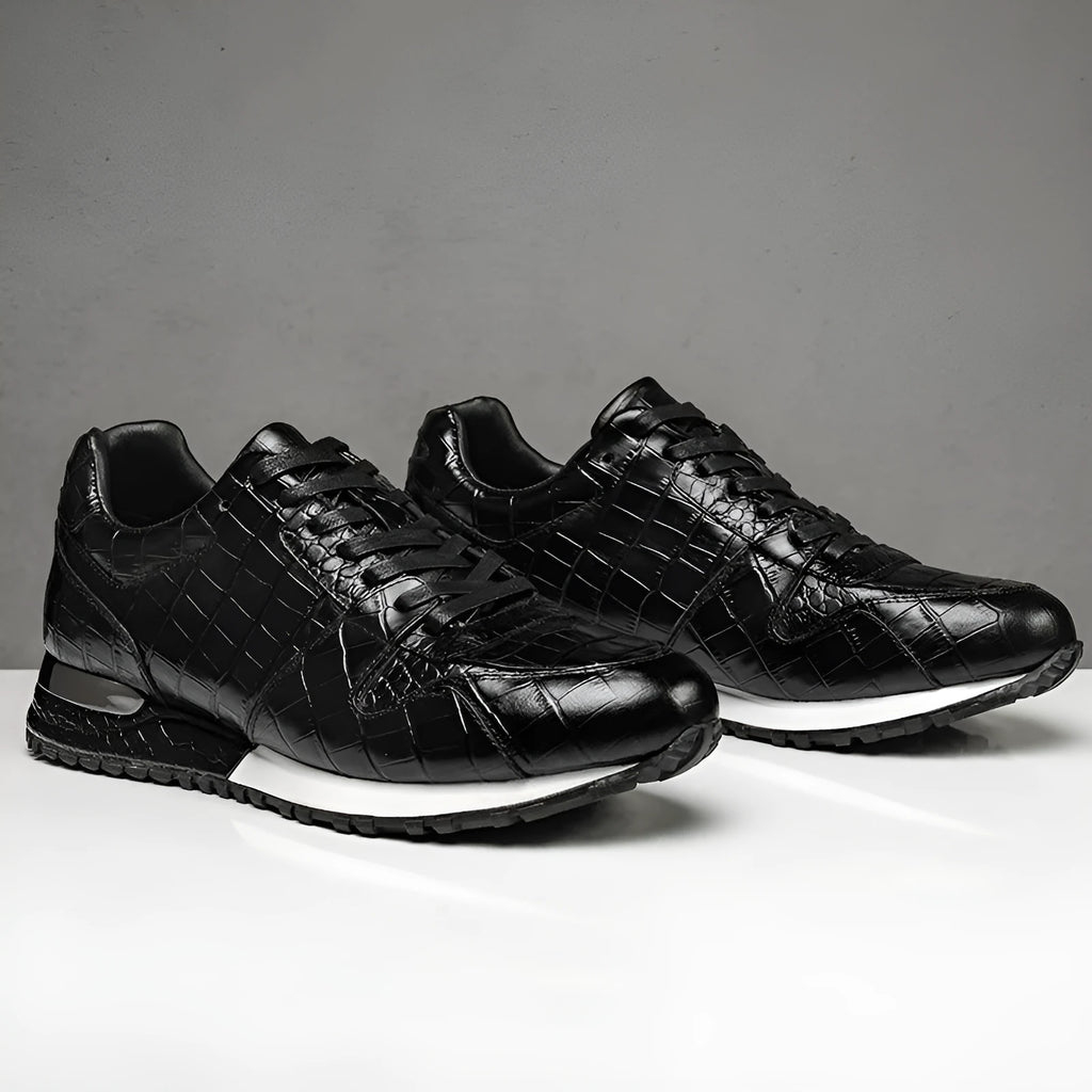 Crocodile pattern light luxury mid top elevated leather shoes with wedge heel in black