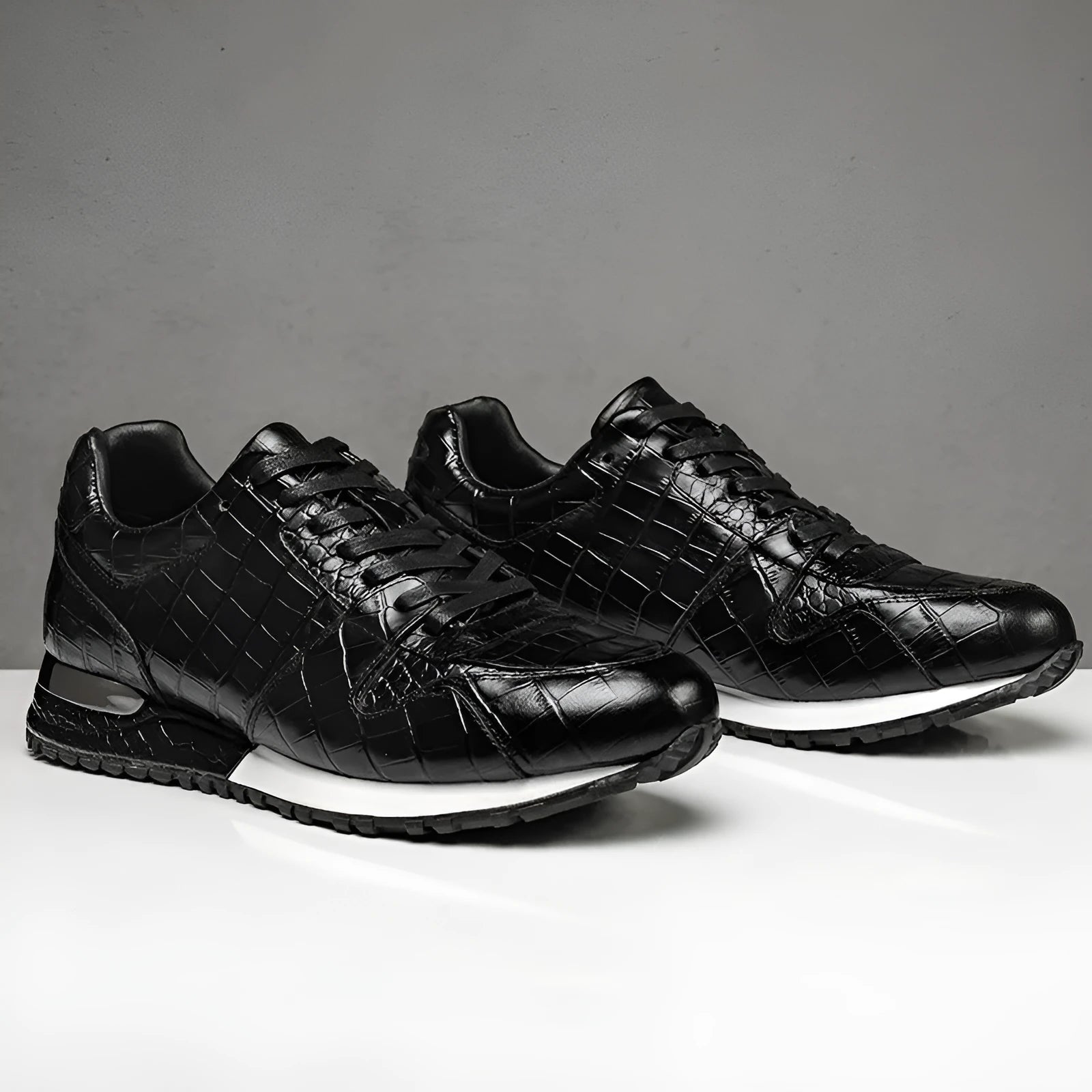 Crocodile pattern light luxury mid top elevated leather shoes with wedge heel in black