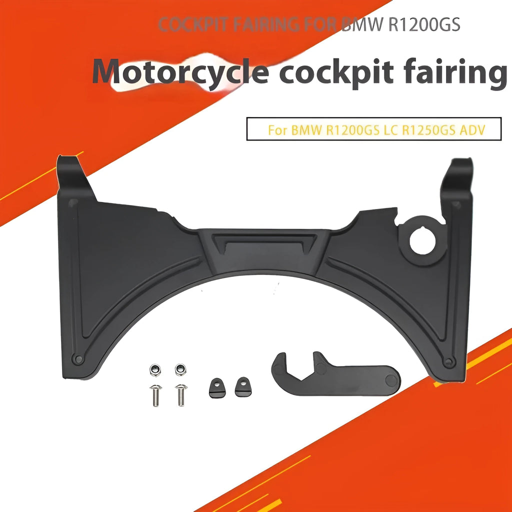 Matte black motorcycle cockpit fairing for BMW R1250GS and R1200GS models, showing mounting points.