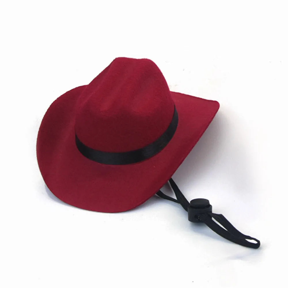A brown adjustable cowboy hat for a dog or cat, shown on a pet mannequin head.