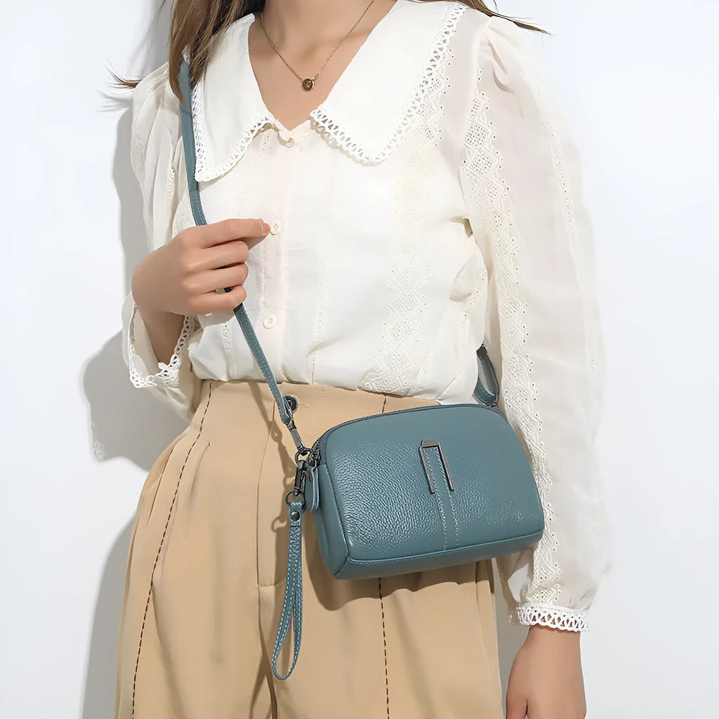 Square horizontal genuine leather women's shoulder bag in dark khaki colour.