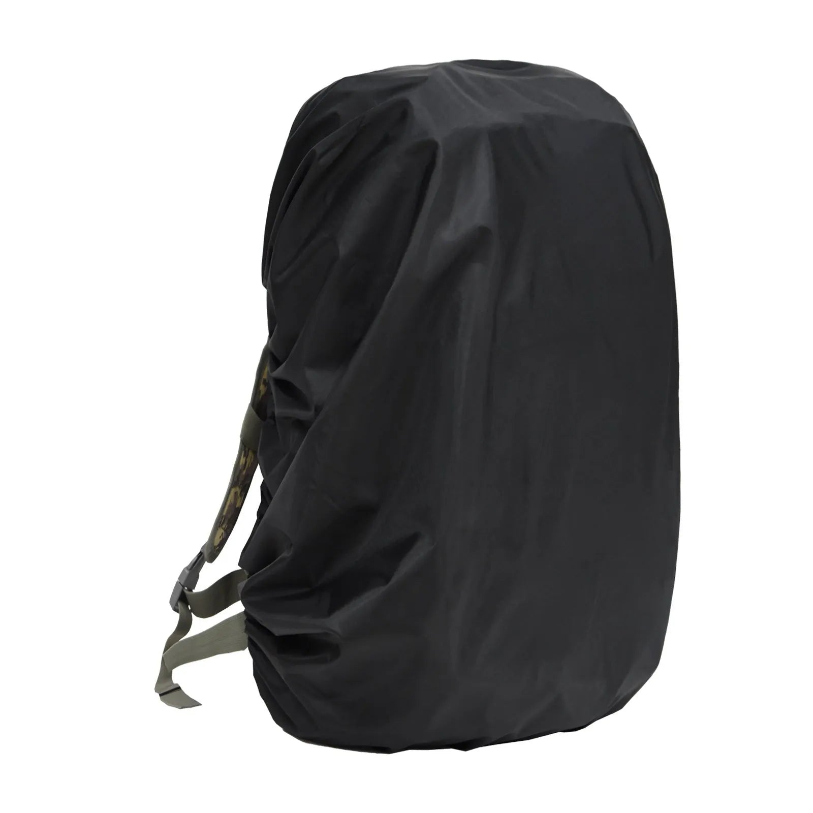 Army green backpack rain cover shown unfolded, suitable for an 80-litre pack.