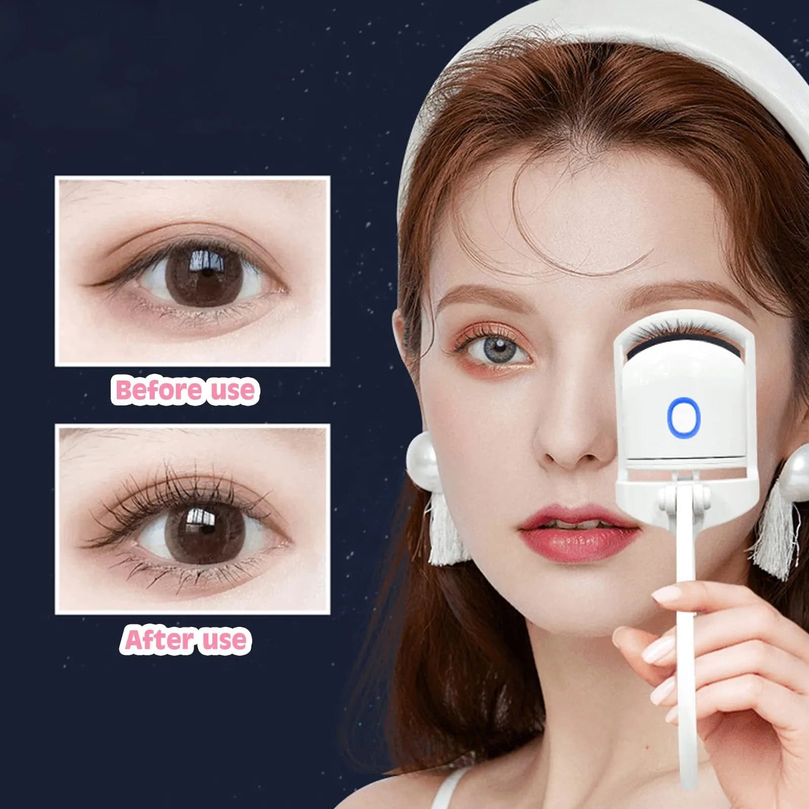 White and pink USB rechargeable heated eyelash curler with temperature control settings.