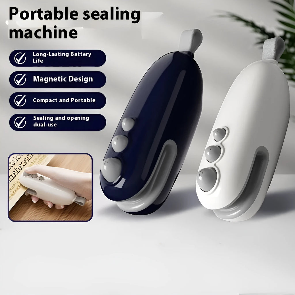 Mini automatic electric thermal sealing machine in ivory white with USB cable, ABS body, 12.2cm length