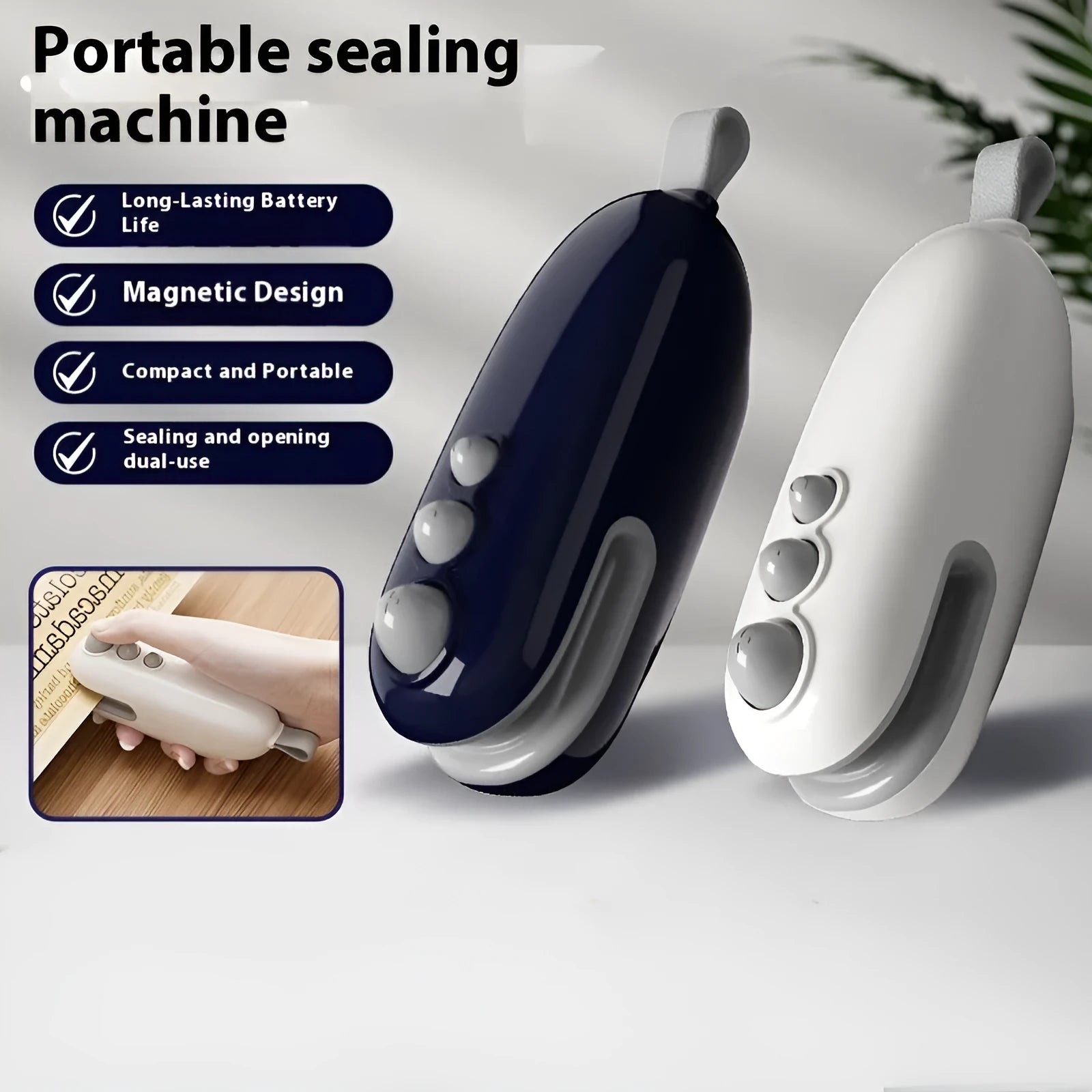 Mini automatic electric thermal sealing machine in ivory white with USB cable, ABS body, 12.2cm length
