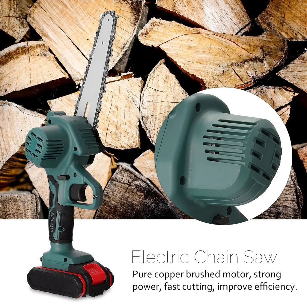 Black one-handed mini electric chainsaw with 4 inch guide bar on a workbench.