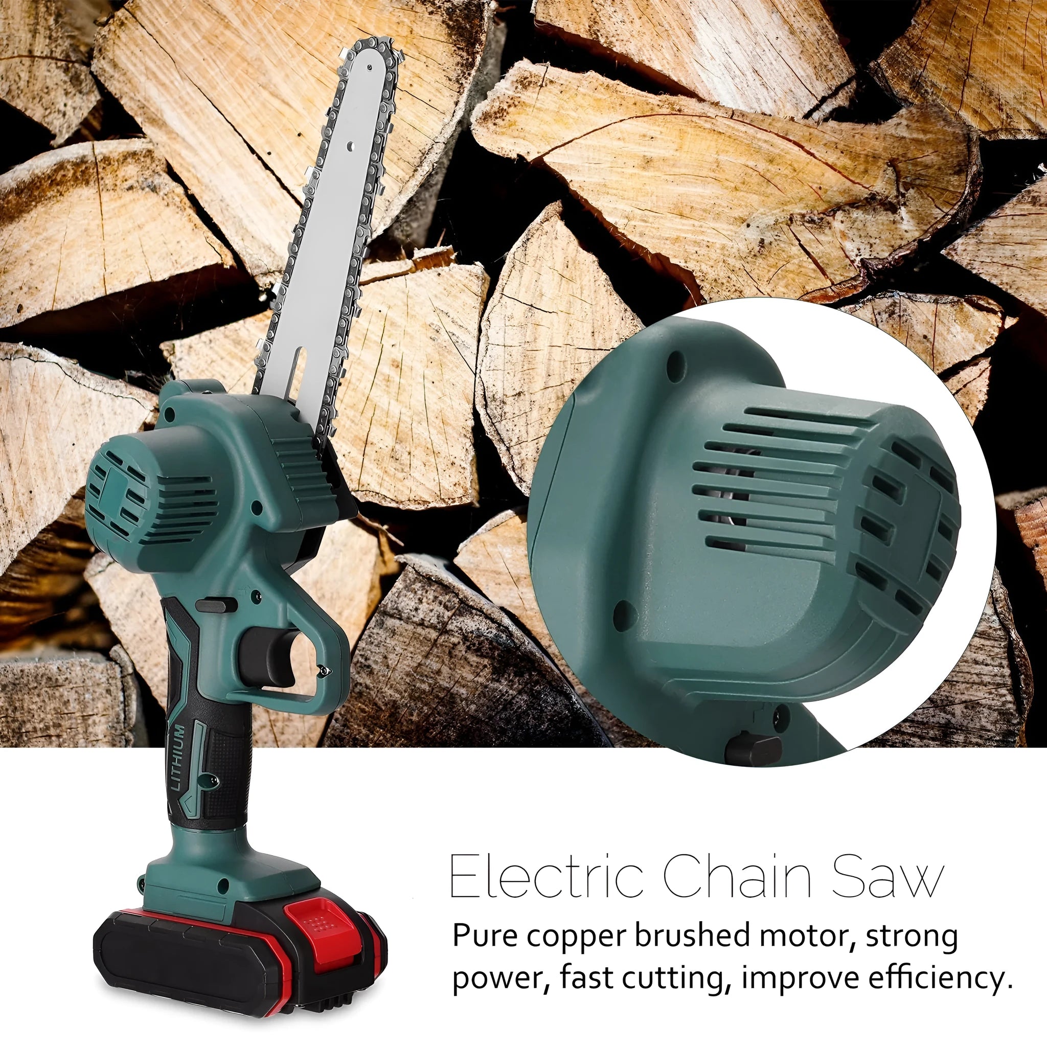 Black one-handed mini electric chainsaw with 4 inch guide bar on a workbench.