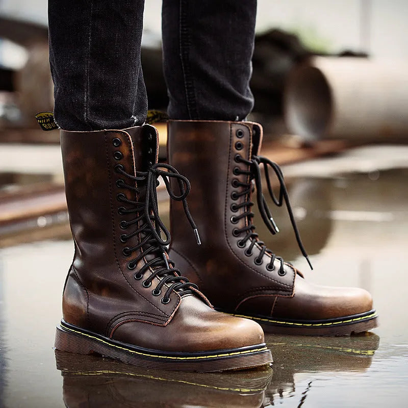 Men's brown leather lace-up casual boots with round toe and flat heel