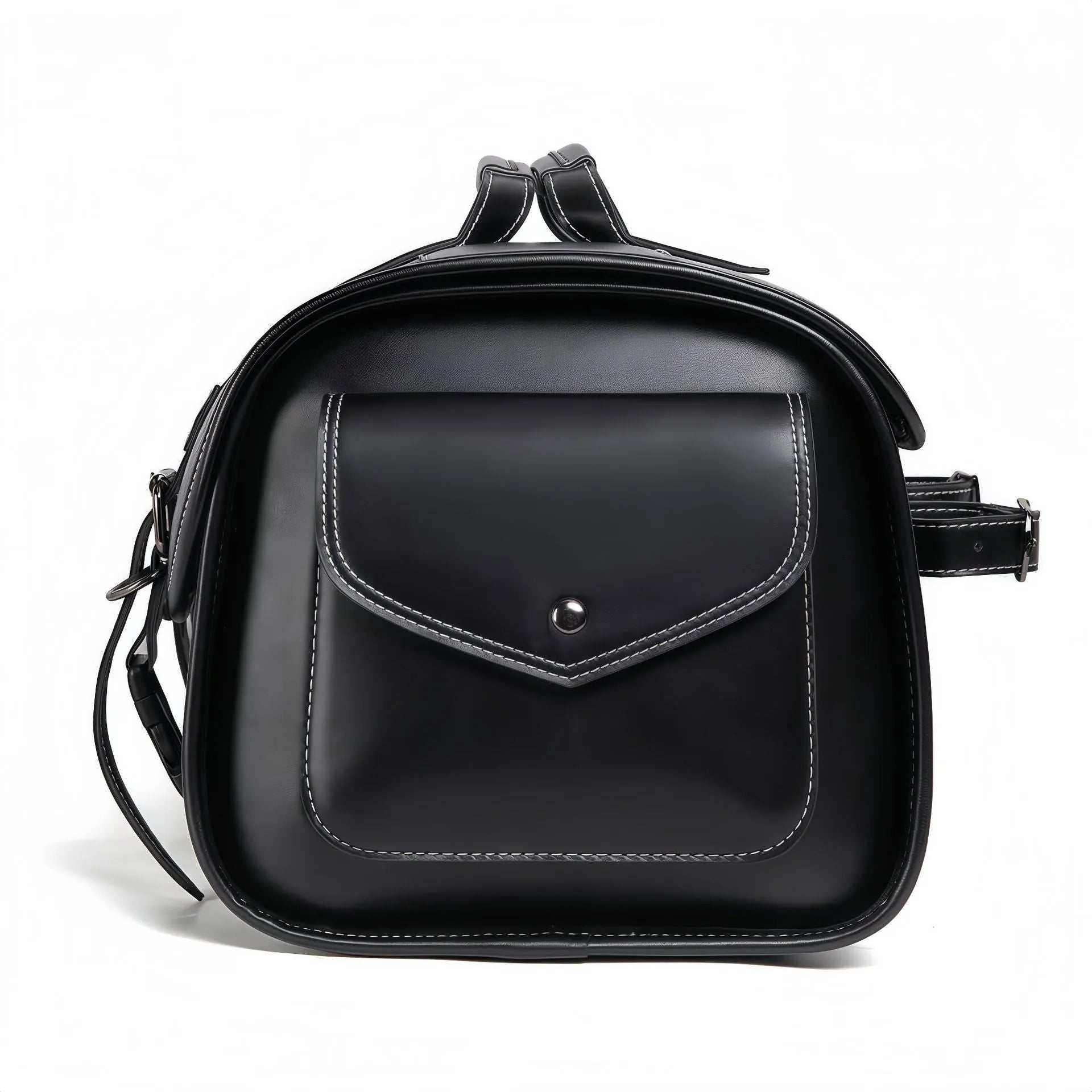 Motorcycle side bag with coded lock in dark punk style mounted on bike