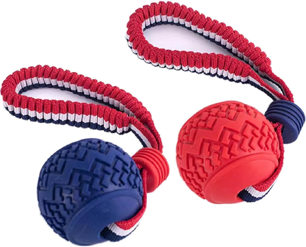 Blue rubber dog ball with rope attached, showing textured surface.