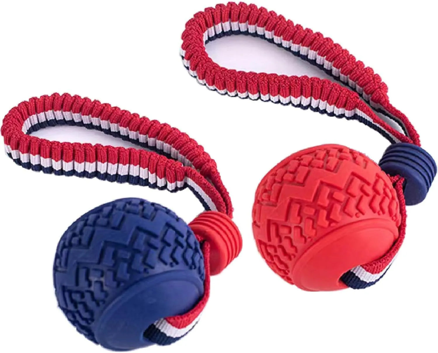 Blue rubber dog ball with rope attached, showing textured surface.