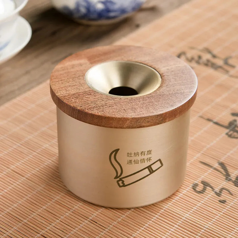 Solid copper retro ashtray with a wooden lid in black or rosewood finish.
