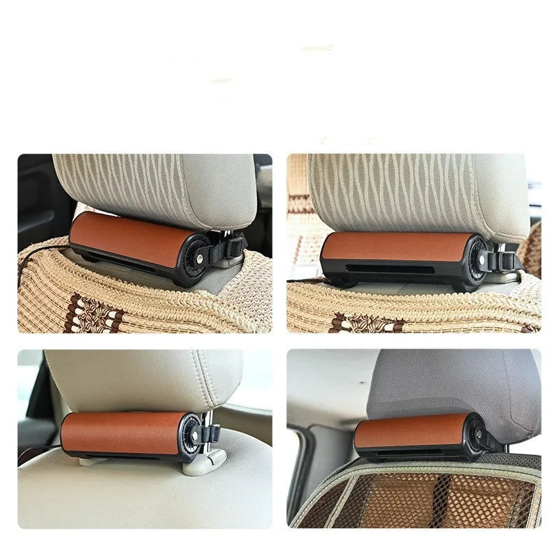 Bladeless USB car fan with ventilated rear design in black, brown, or red colours