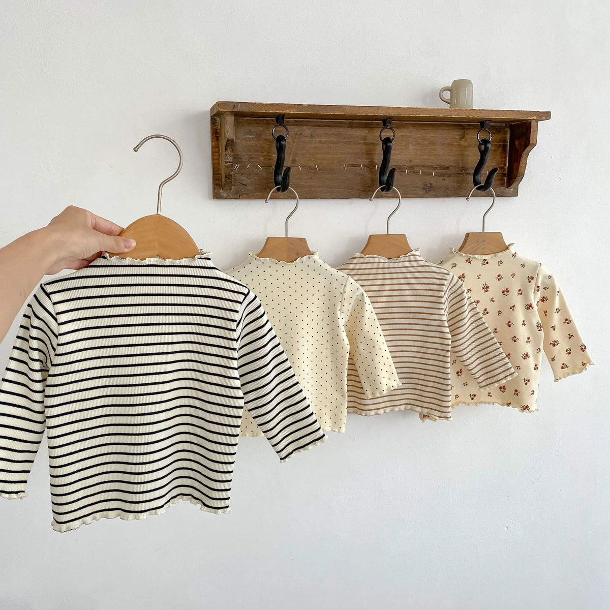 Girls half turtleneck cotton undershirt long sleeve print top black stripes