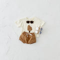 Girls' apricot cotton shorts suit two-piece set with ice cream patch on shirt.
