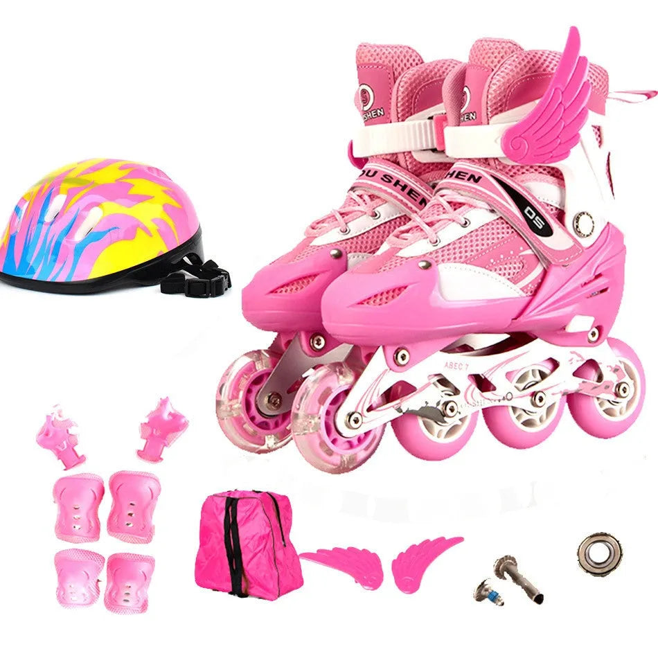 Yellow children's adjustable roller skates with aluminium frame, shown with protective gear set and backpack.