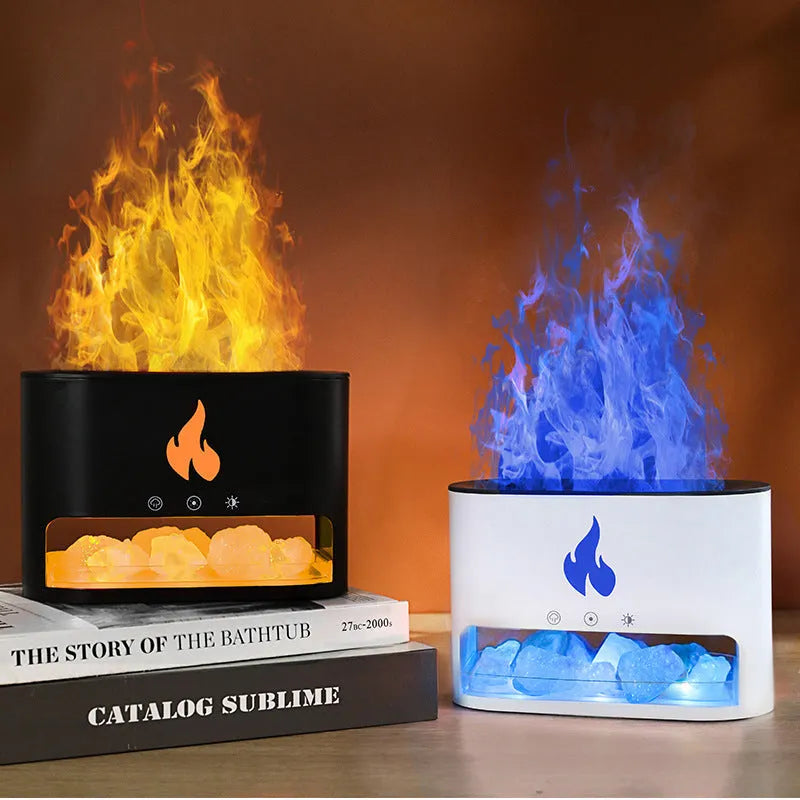 Square white flame humidifier on a desk showing a colourful 3D flame projection and a crystal salt stone.