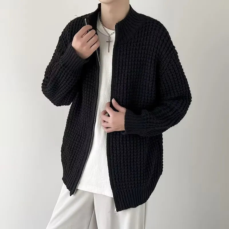 Men's thickened cardigan coat in black with loose fit and rabbit hair blend fabric, front view