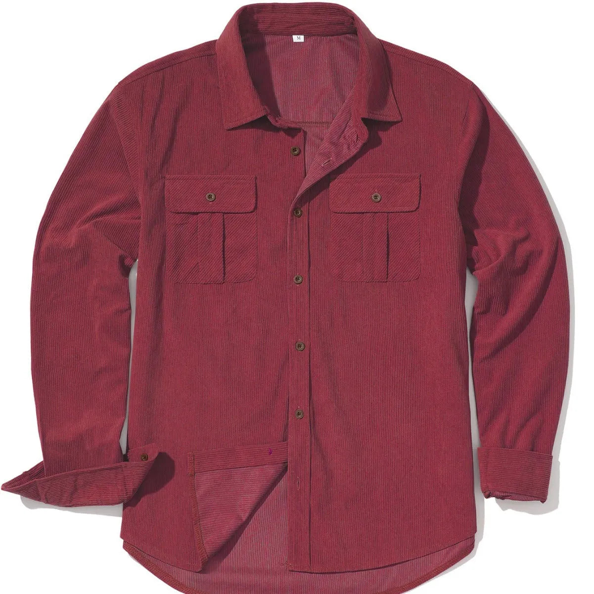 Men's loose-fit corduroy shirt in Japanese retro style, shown in Army Green colour.