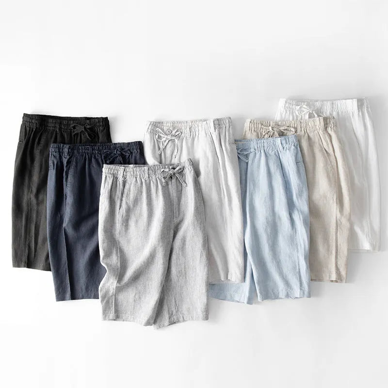 Men's casual linen capri pants in loose straight-leg design available in multiple colours