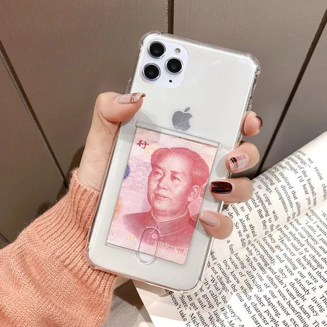 Transparent silicone card holder iPhone case showing card storage compartment with solid colour back cover