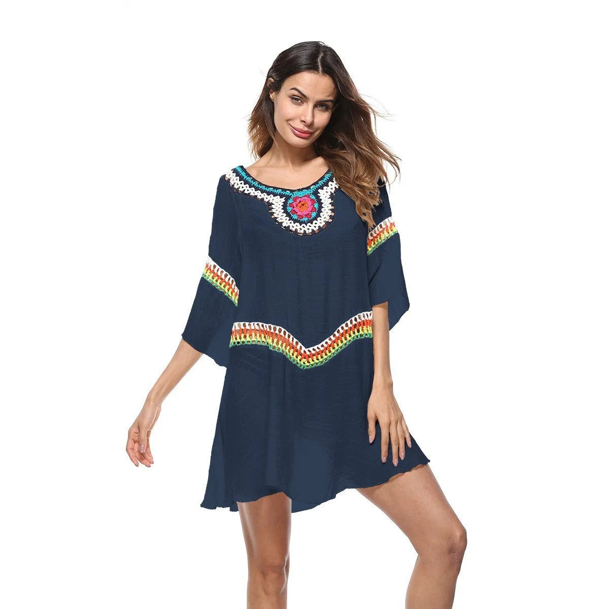 Ethnic style crochet sun protection dress for women in apricot colour, suitable as a beach cover-up.
