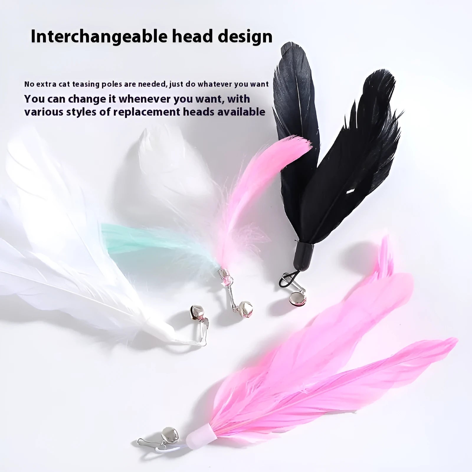 Cat teaser stick toy with suction cup base and colourful interchangeable head attachments
