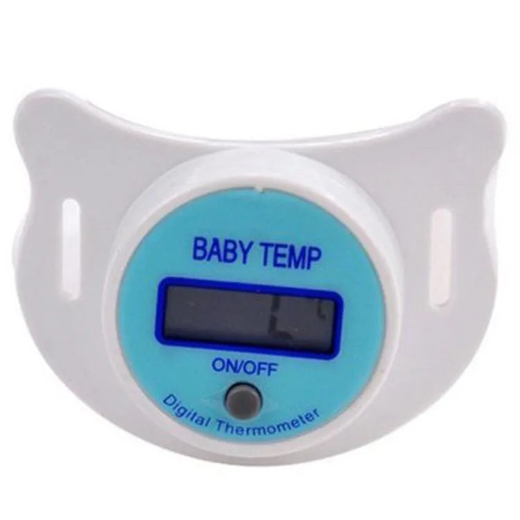 Blue and pink digital baby pacifier thermometers showing LCD temperature display