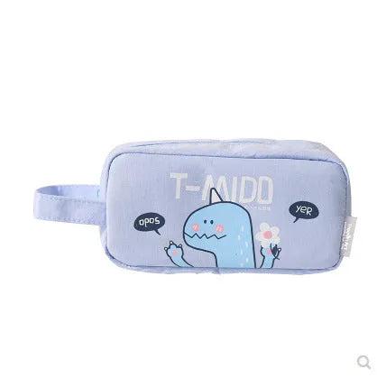 Cartoon stationery bag with dinosaur pattern in blue colour on white background