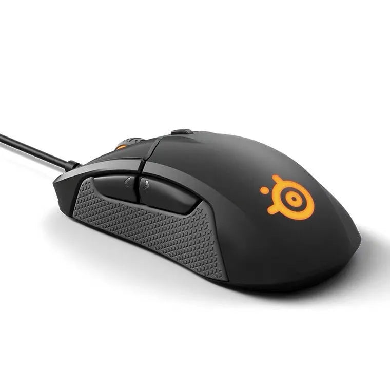Wired mechanical gaming mouse in black with ergonomic shape, 12000 DPI, six buttons, and USB cable