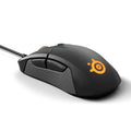 Wired mechanical gaming mouse in black with ergonomic shape, 12000 DPI, six buttons, and USB cable