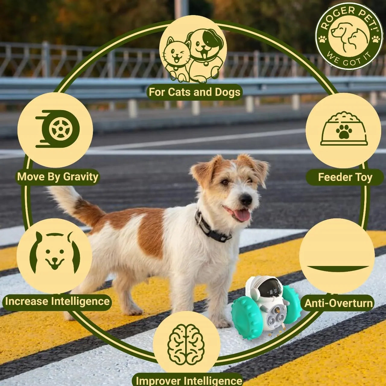Self-balancing dog treat dispenser toy for small pets in robot design with roller system