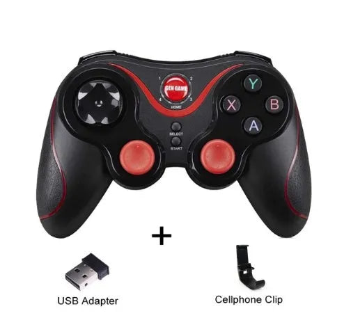 Black and white X3 version wireless Bluetooth game controller for Android phones with mobile phone clip.
