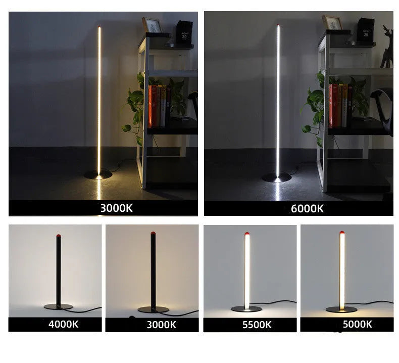 Vertical aluminium alloy floor lamp in modern simple style placed beside a sofa.